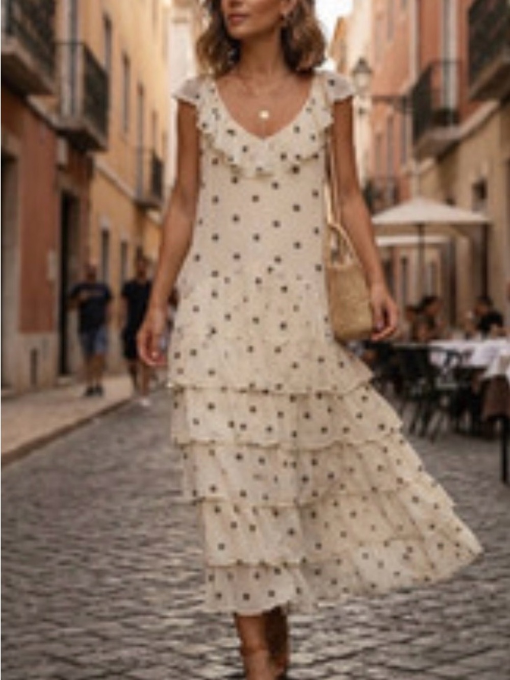 Zara Cream Polka Dot Tiered Chiffon Maxi Dress